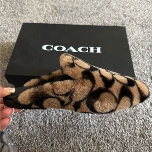 Coach Furry Shearling Slippers in Brown and Black